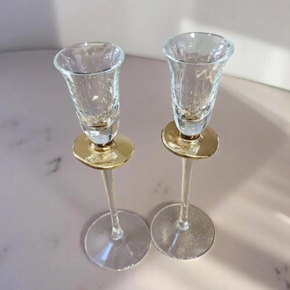 Vintage Venetian Hand-Blown Cordial Glasses – Gold Bobeche, 8" Tall, Set Of 2 - Picture 2 of 9